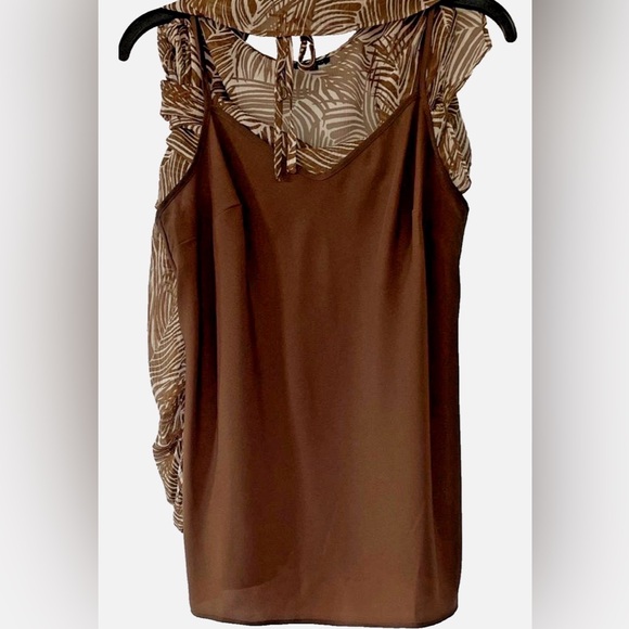 Talbots 100% Silk Brown Print Blouse XS Tie Neck Sheer Top w/ Camisole - Picture 9 of 11